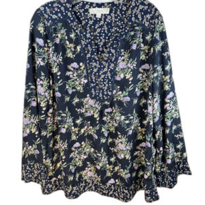 Weekend Suzanne Betro Boho Blouse Blue Floral Cottage Garden Oversized Cozy Sz L